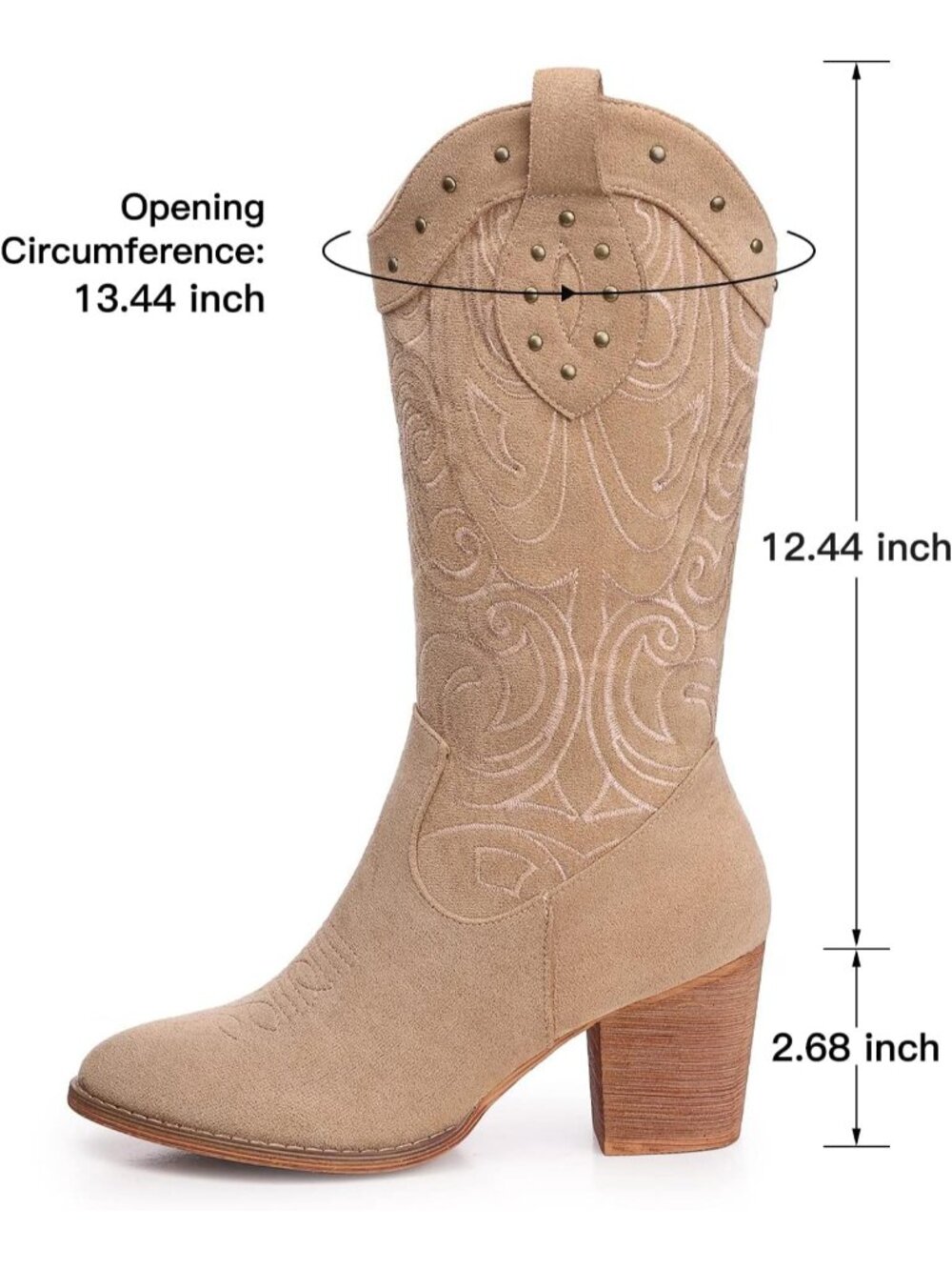Women's Apricot Wide Calf Western Pointed Toe Chunky Heel Suede Embroidered - Picture 5 of 6